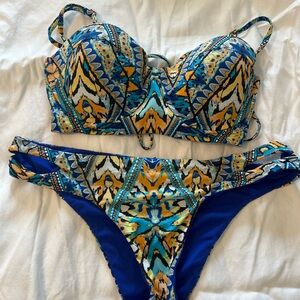 Bar III Blue and Yellow Patterned Bikini